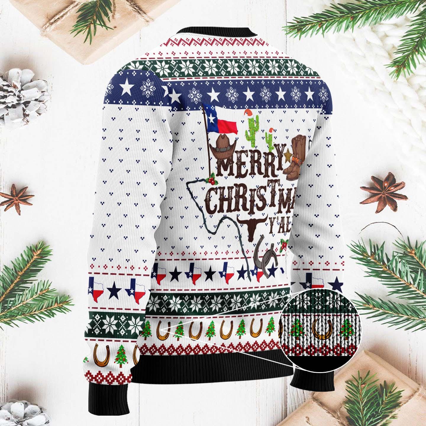 Merry Christmas Y'all Ugly Sweater - Texas Themed Holiday Knit - Western Cowboy Christmas Sweater with Cactus and Boots