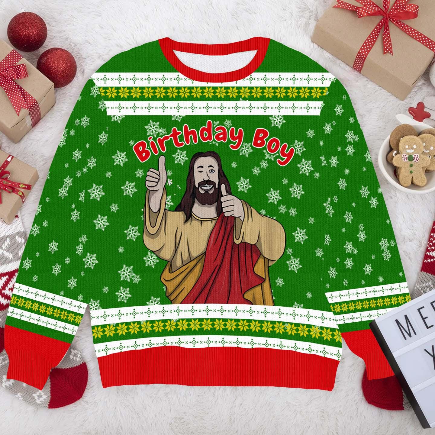 Birthday Boy Jesus Ugly Christmas Sweater - Funny Religious Holiday Knit - Festive Christmas Sweater for Men Women Celebration