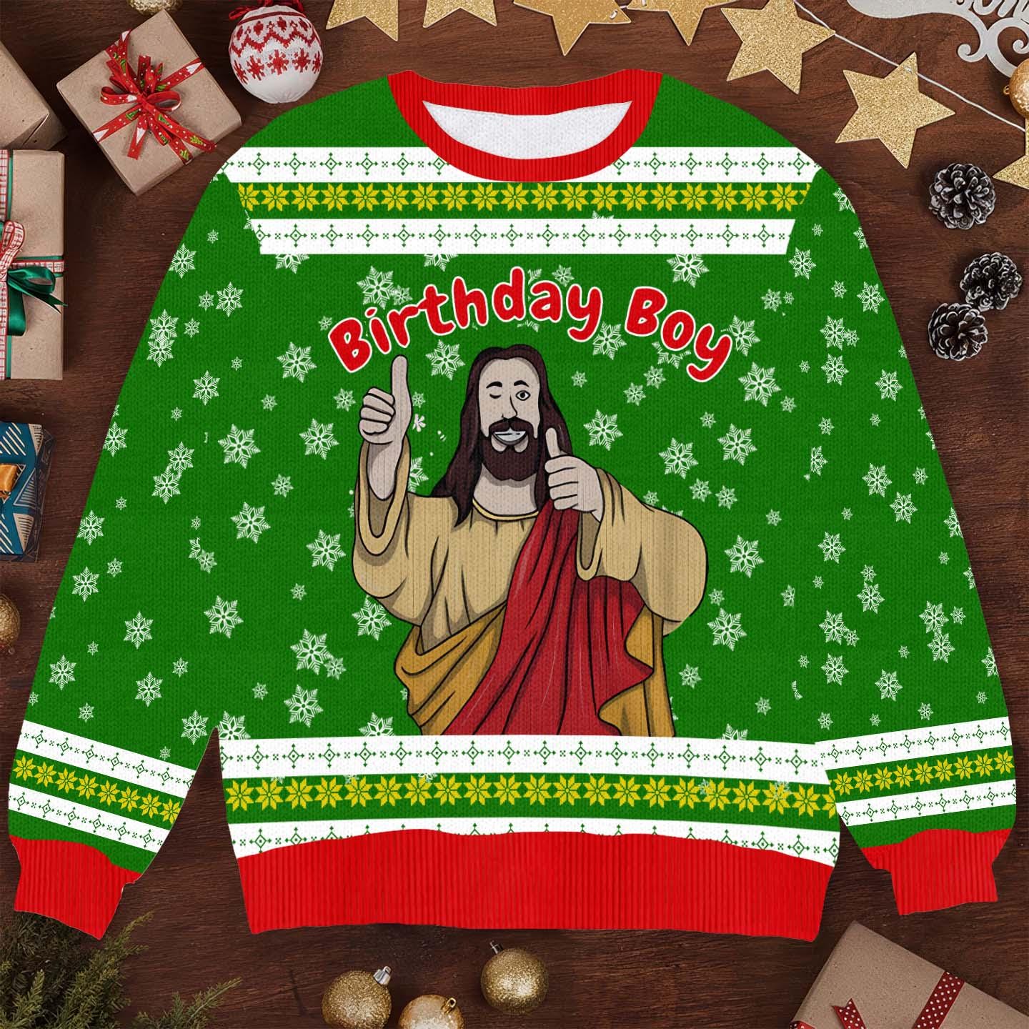 Birthday Boy Jesus Ugly Christmas Sweater - Funny Religious Holiday Knit - Festive Christmas Sweater for Men Women Celebration