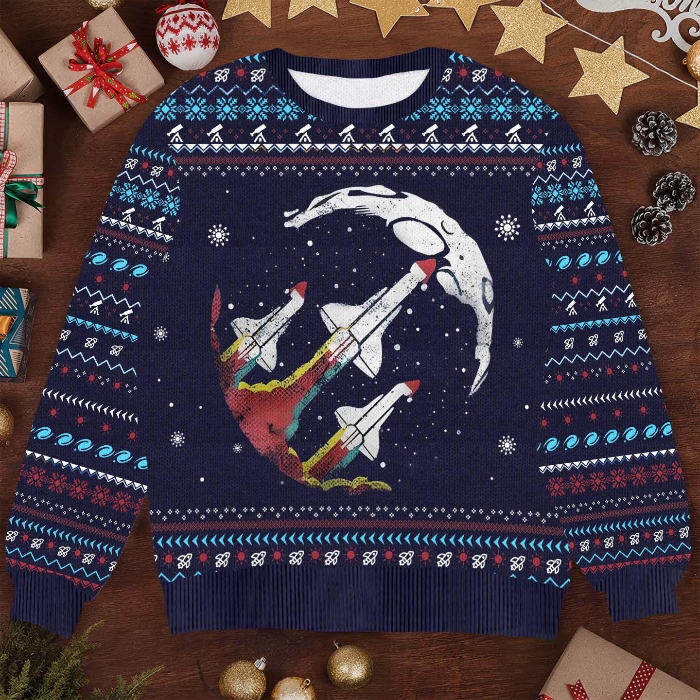 Space Shuttle Launch Ugly Christmas Sweater - Astronaut Moon Holiday Design - Unique Outer Space Festive Gift