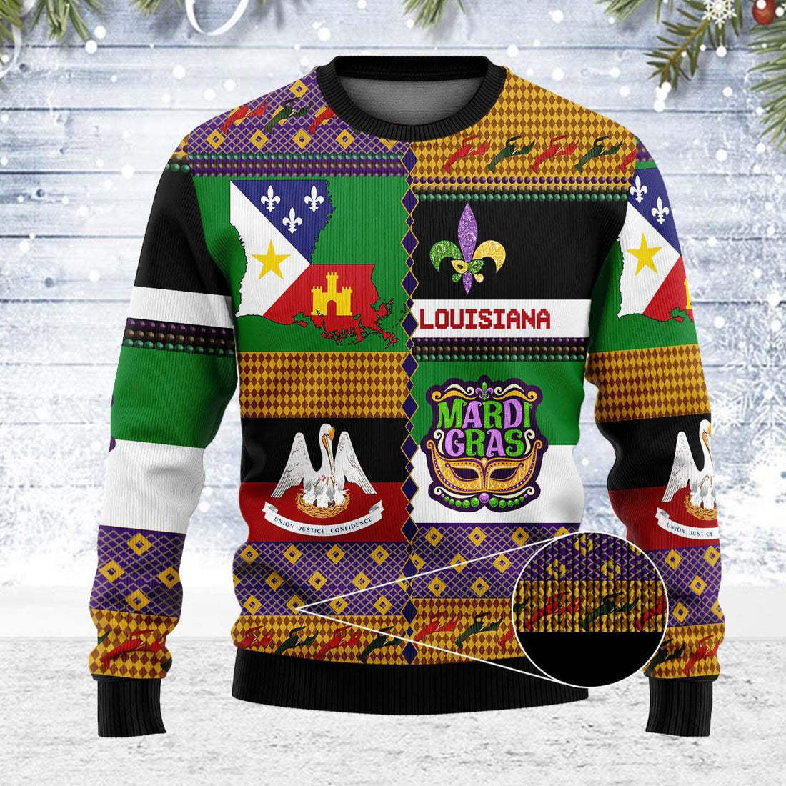 Louisiana Mardi Gras Ugly Christmas Sweater  Festive Southern Heritage Knit