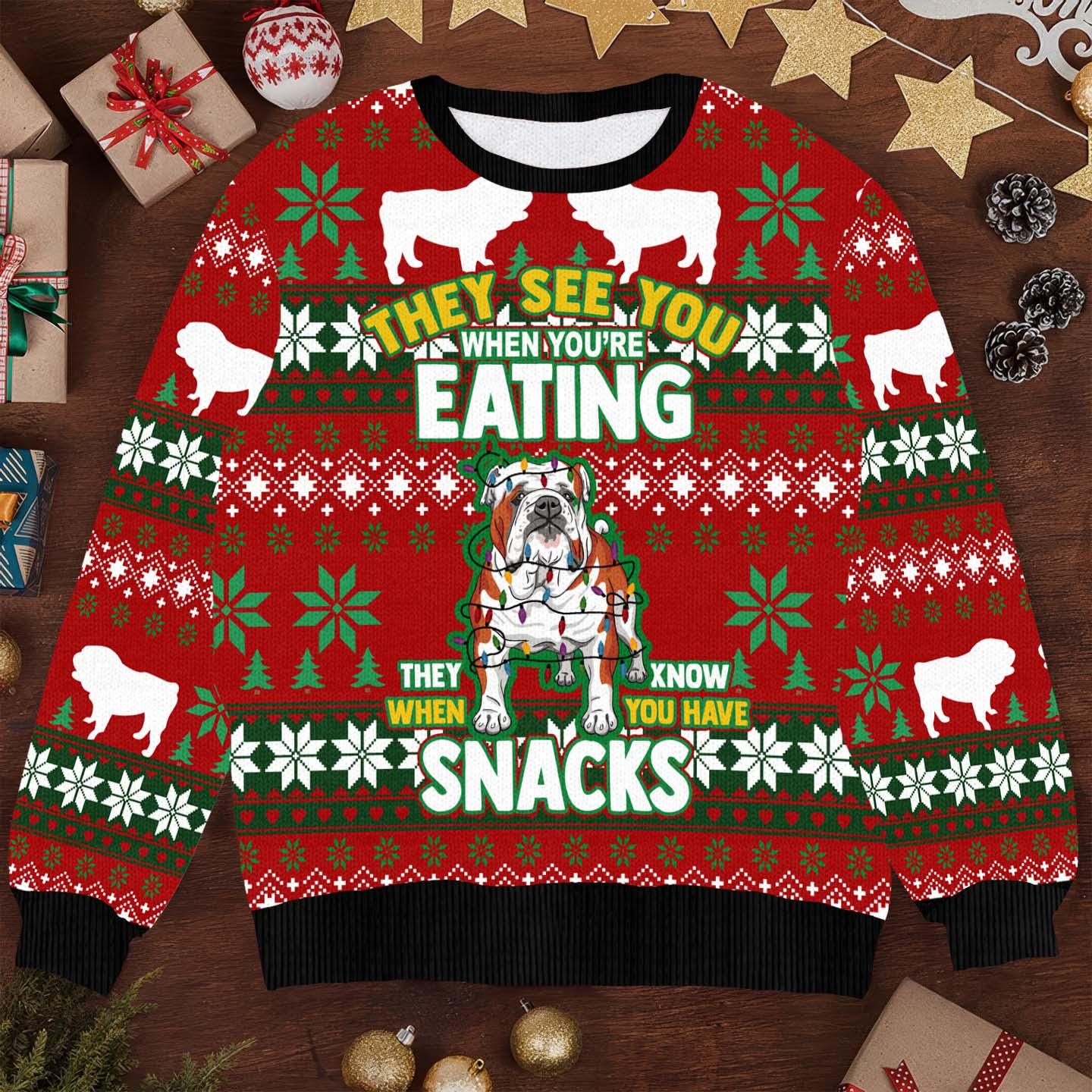 Bulldog Snacks Ugly Christmas Sweater - Fun Holiday Apparel, Cute Bulldog Design, Festive Xmas Jumper for Dog Lovers