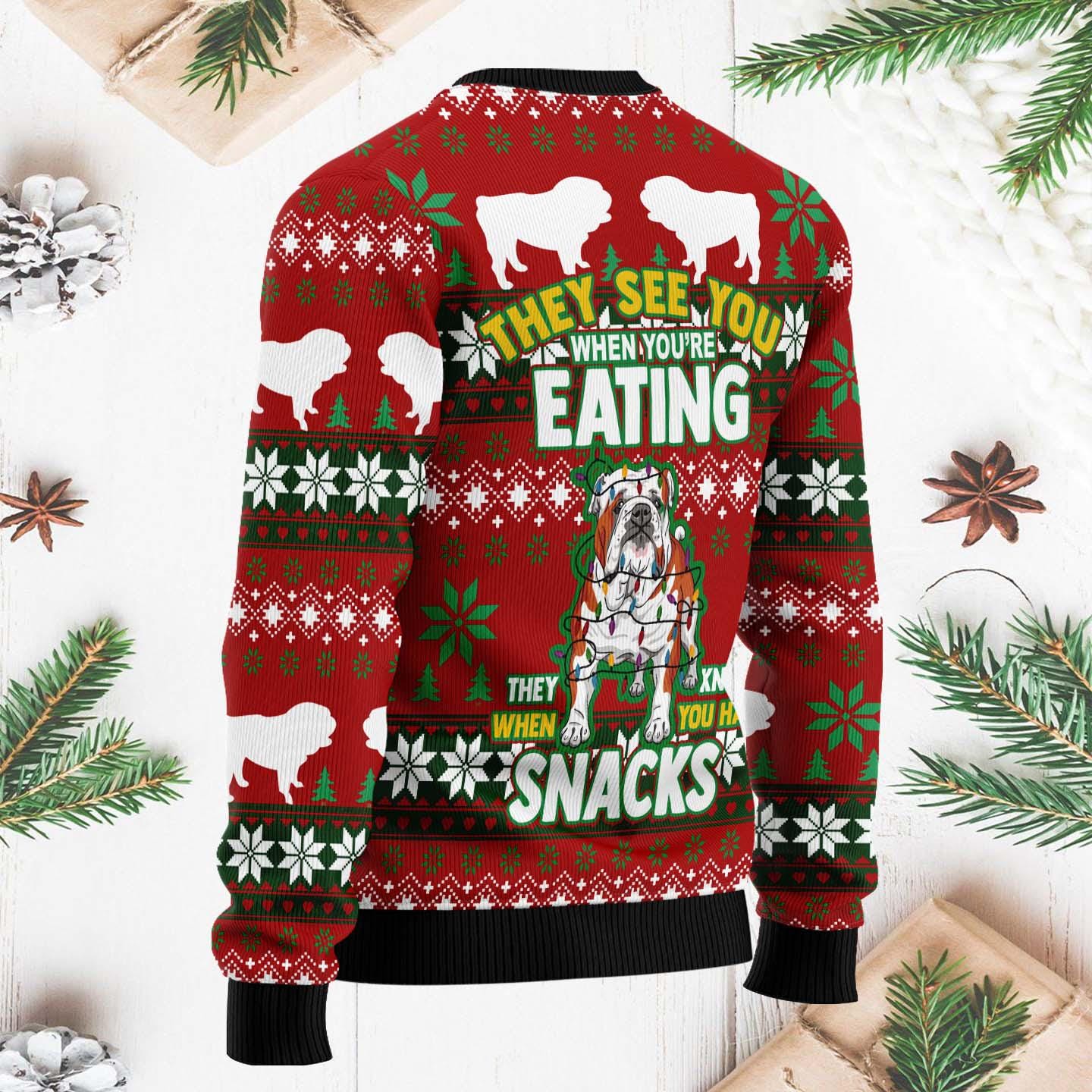 Bulldog Snacks Ugly Christmas Sweater - Fun Holiday Apparel, Cute Bulldog Design, Festive Xmas Jumper for Dog Lovers