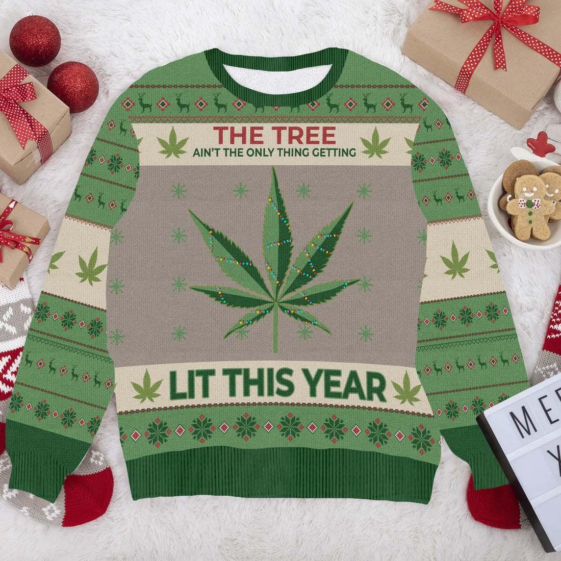 Hobby New Lit This Year Weed Ugly Christmas Sweater, Funny Cannabis Xmas Sweater, Weed Lovers Holiday Sweater