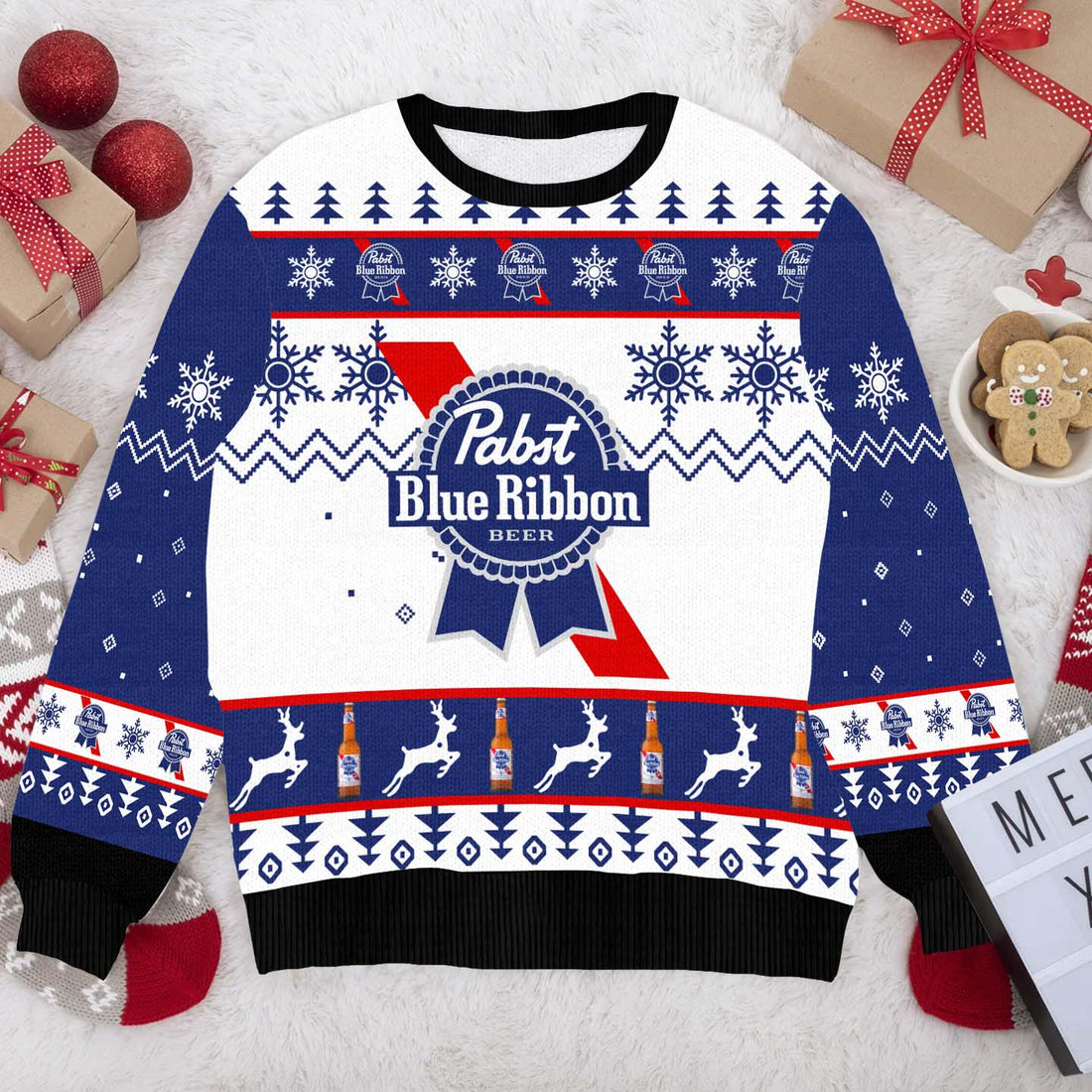 Pabst Blue Ribbon Christmas Ugly Sweater, Funny PBR Beer Xmas Sweater, Holiday Pabst Blue Ribbon Sweater, PBR Beer Lovers Christmas Sweater