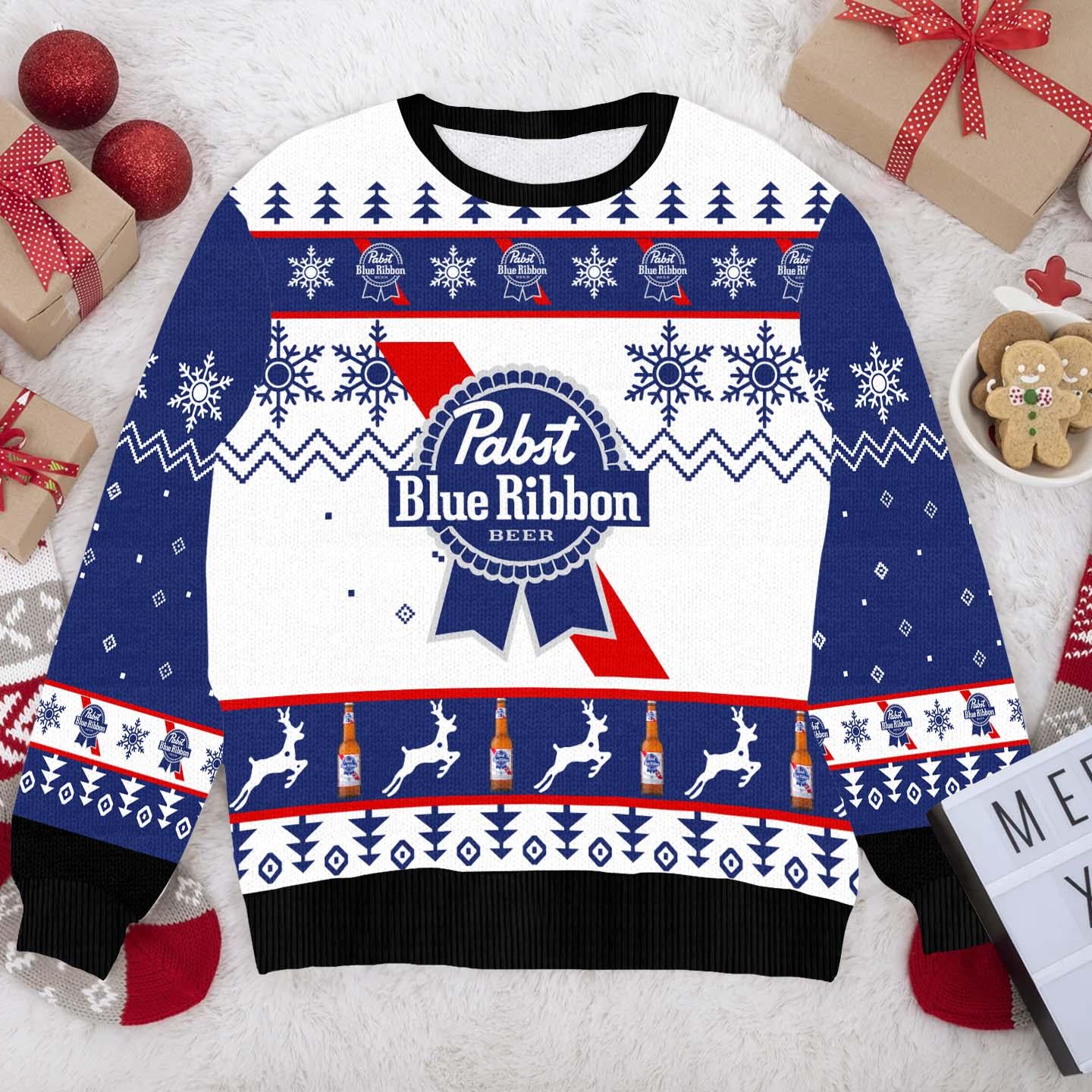 Pabst Blue Ribbon Christmas Ugly Sweater, Funny PBR Beer Xmas Sweater, Holiday Pabst Blue Ribbon Sweater, PBR Beer Lovers Christmas Sweater