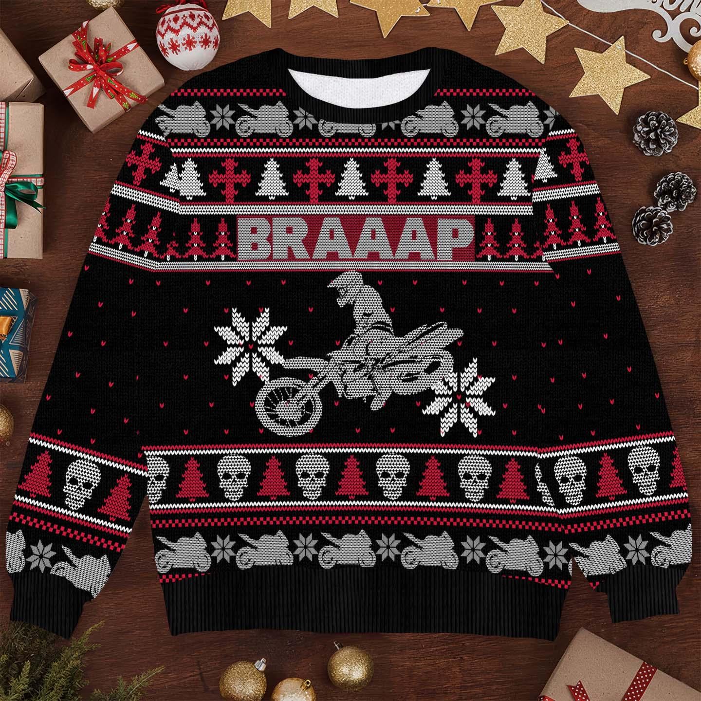 3D Braaap Dirt Bike Christmas Ugly Sweater, Funny Dirt Bike Xmas Sweater, Holiday Motorcycle Sweater, Xmas Sweater for Bikers