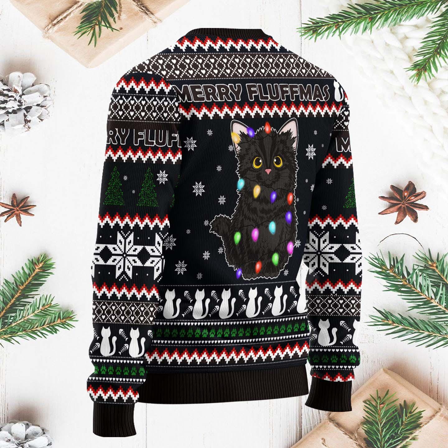 Black Cat Fluffmas Ugly Christmas Sweater, Funny Cat Xmas Sweater, Holiday Black Cat Sweater, Festive Fluffmas Sweater for Cat Lovers