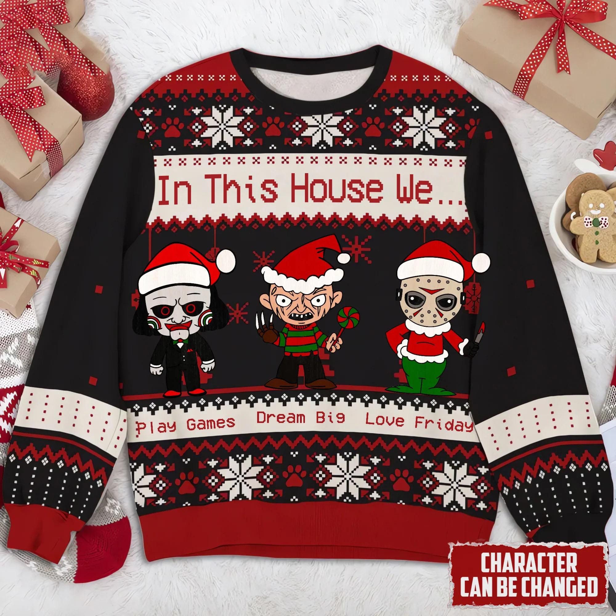 In This House We Customizable Horror Christmas Wool Ugly Sweater - Funny Ugly Wool Holiday Sweater with Creepy Characters