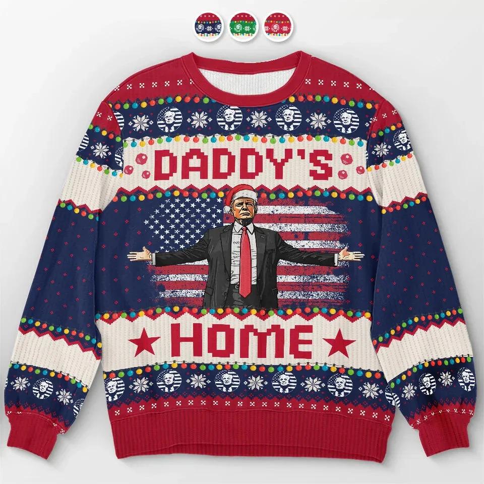 Daddys Home Ugly Christmas Sweater  Patriotic Wool Holiday Sweater - Funny Trump Perfect for Festive Celebrations