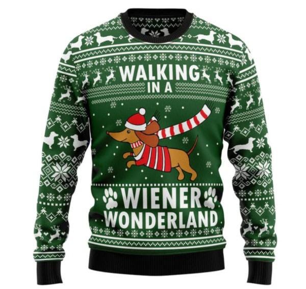 Walking in a Wiener Wonderland Ugly Christmas Sweater  Funny Dachshund Holiday Sweater for Dog Lovers  Green Festive Party Sweater