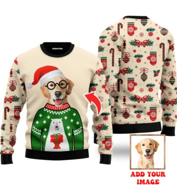 Custom Pet Photo Ugly Christmas Sweater  Personalized Holiday Sweater with Your Dog or Cat  Funny Festive Sweater Gift