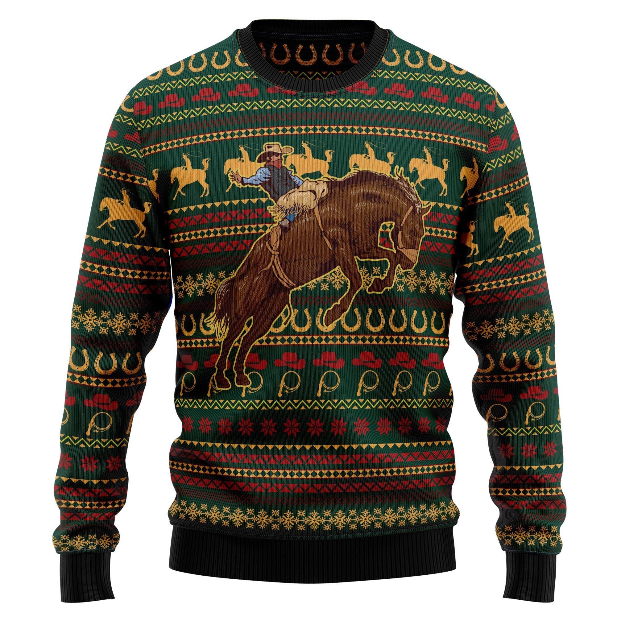 Cowboy Riding Horse Ugly Christmas Sweater - Western Style Knit Holiday Sweater with Horseshoe Design - Unique Christmas Gift