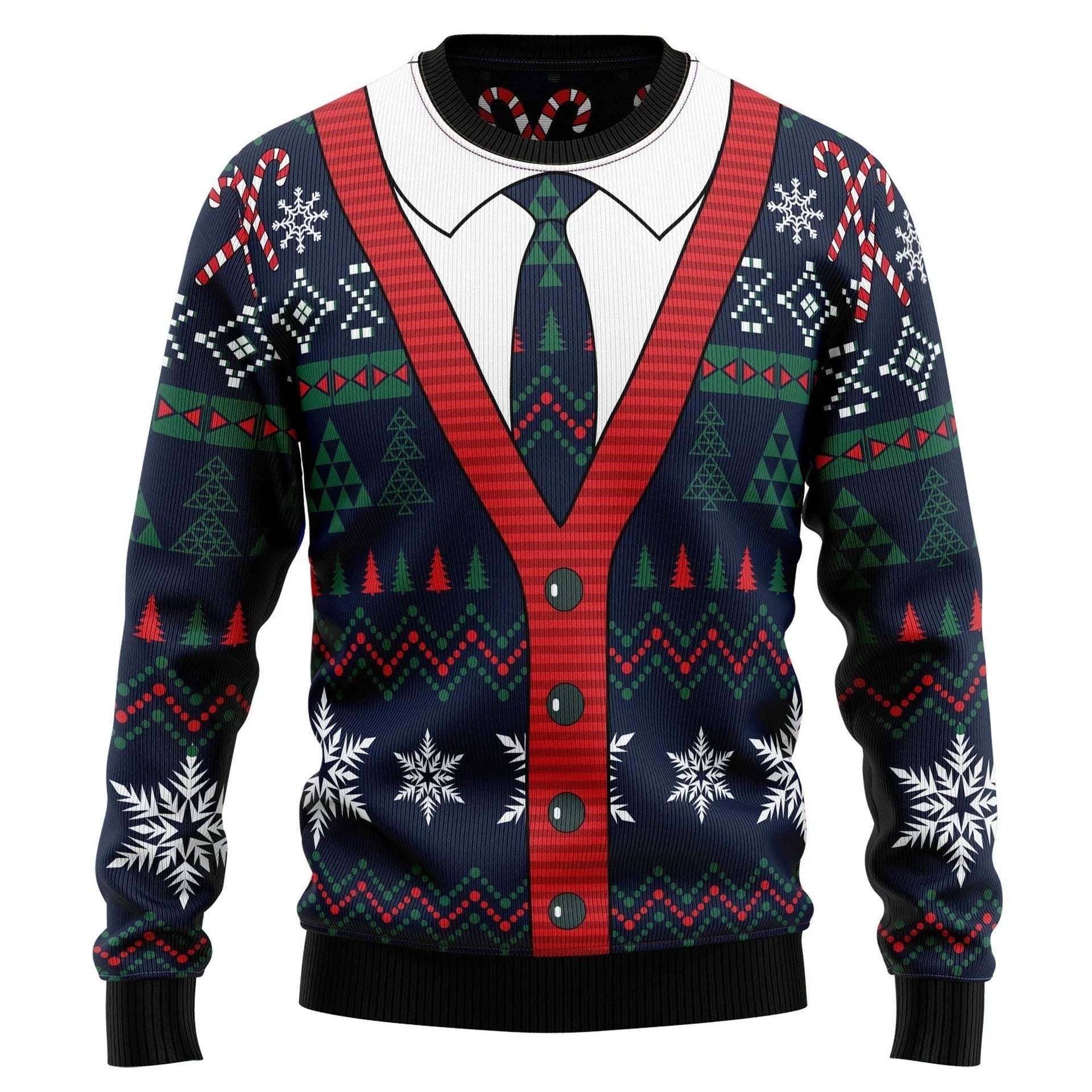 Festive Suit and Tie Ugly Christmas Sweater - Stylish Holiday Knit Sweater with Cardigan Design and Candy Cane Details