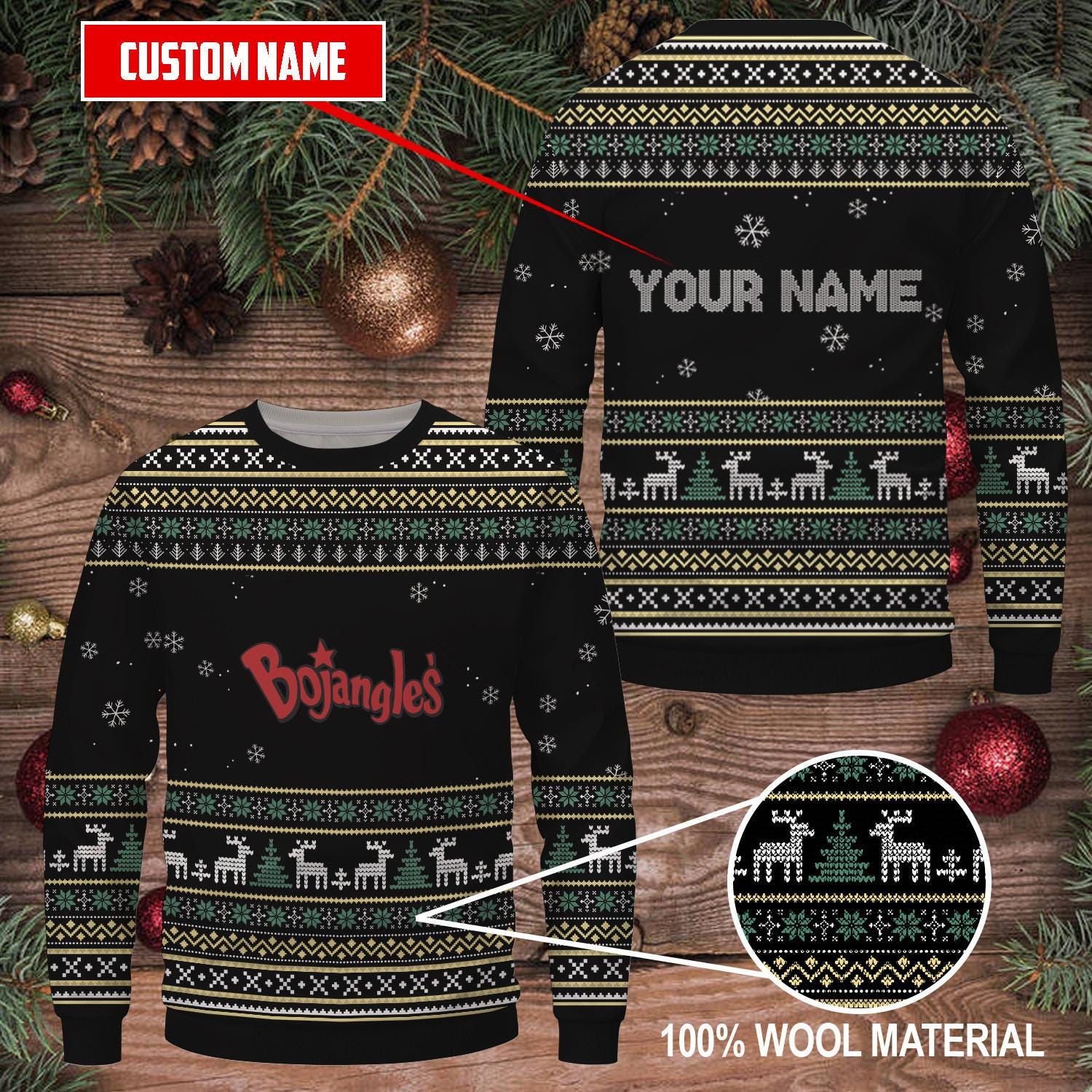 Custom Bojangles Ugly Christmas Sweater - Personalized Wool Holiday Sweater with Festive Design - Funny Christmas Jumper
