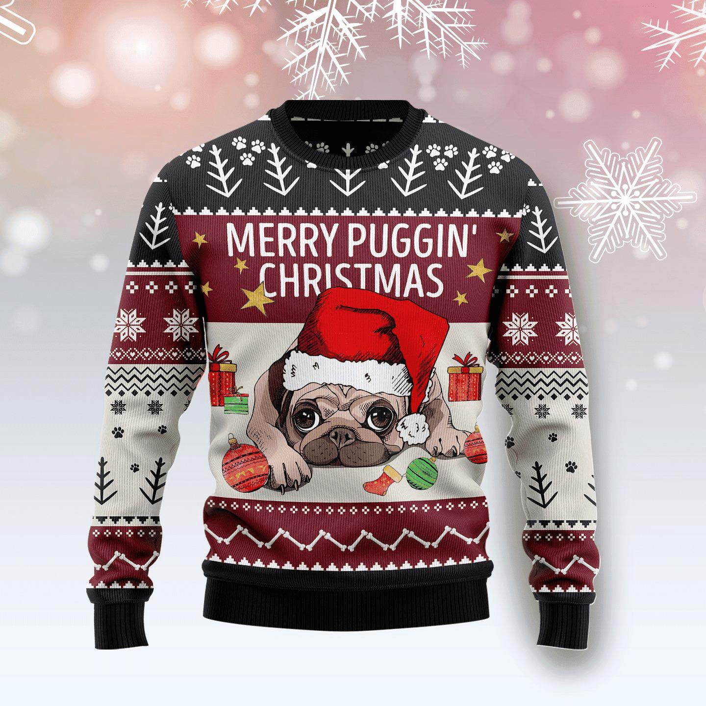 Merry Puggin' Christmas Ugly Sweater - Funny Pug Holiday Jumper - Festive Christmas Gift for Dog and Pug Lovers