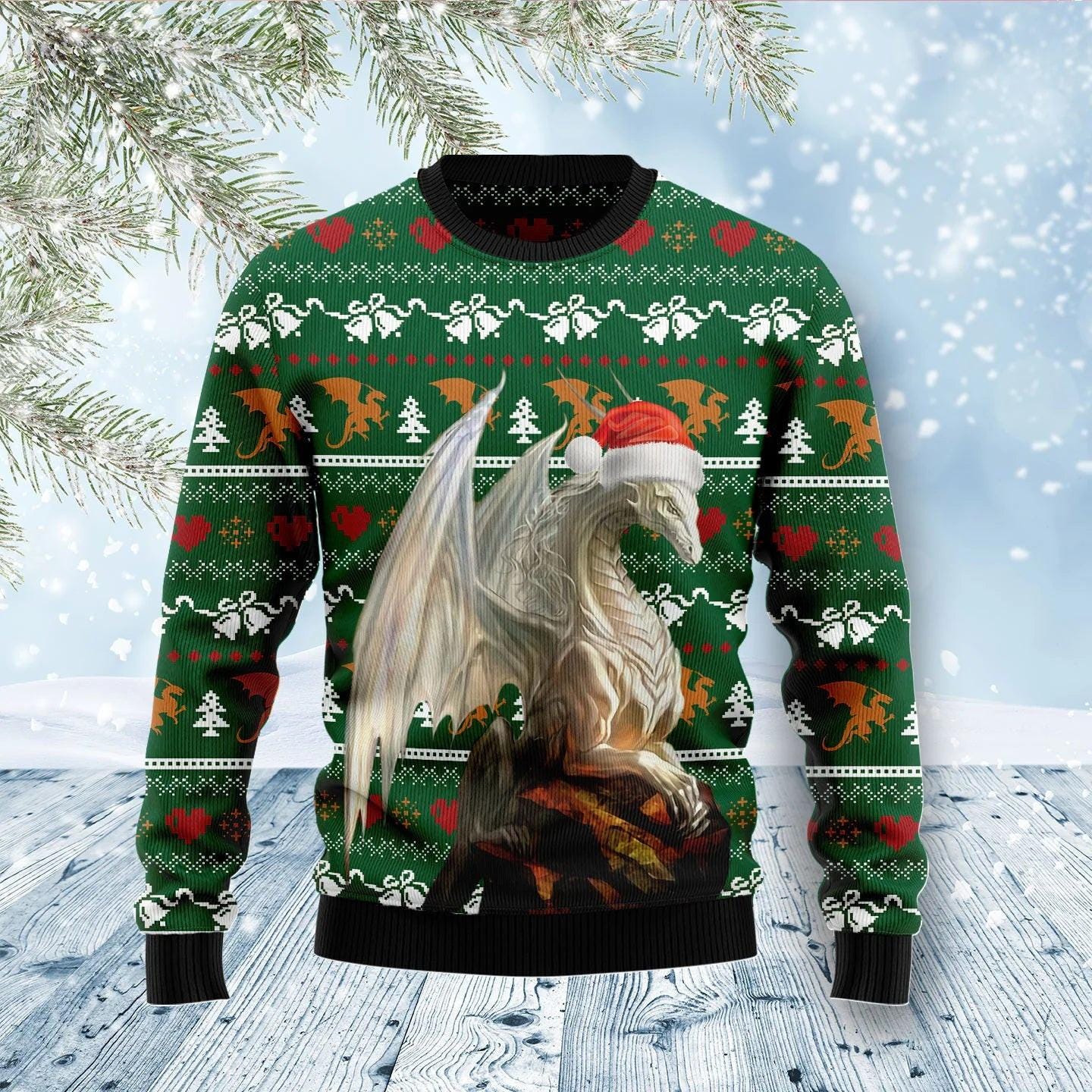 Dragon Ugly Christmas Sweater - Festive Fantasy Holiday Jumper with Santa Hat Design - Unique Christmas Gift for Dragon Lovers