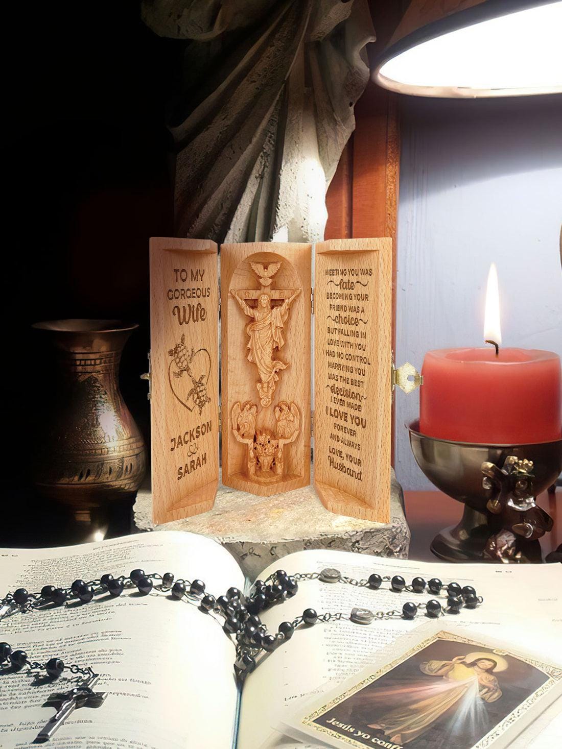 To My Wife Meeting You Was Fate Openable Wooden Cylinder Sculpture of Jesus Christ, Faithful Christian Gift, Couple Valentine Gifts