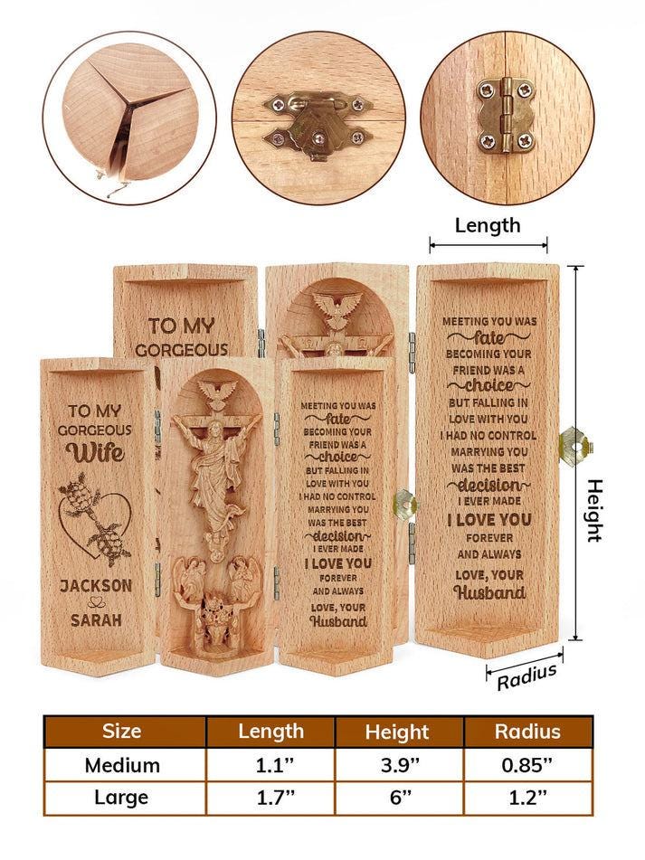 To My Wife Meeting You Was Fate Openable Wooden Cylinder Sculpture of Jesus Christ, Faithful Christian Gift, Couple Valentine Gifts