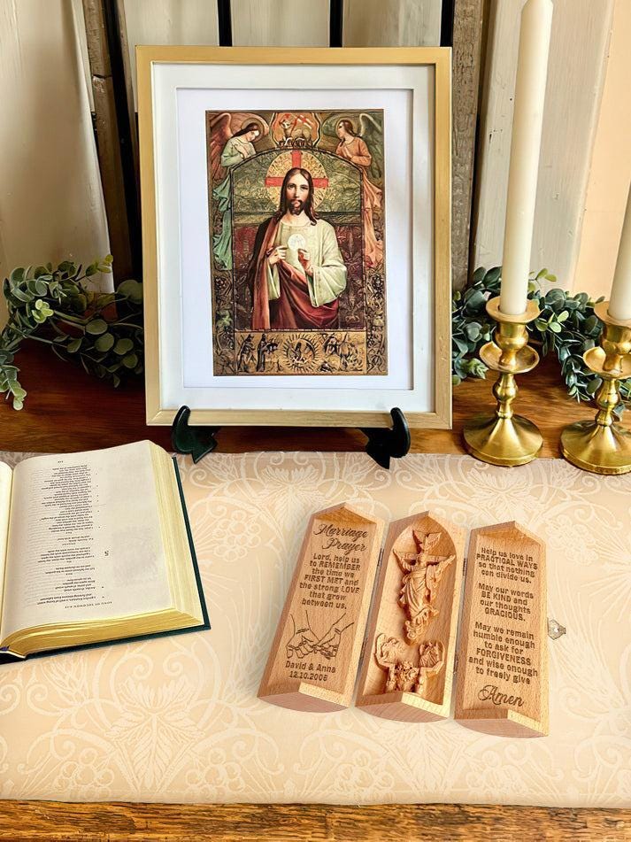 Marriage Prayer Personalized Engraved Openable Wooden Cylinder Sculpture of Jesus Christ Romantic Valentines Day, Anniversary, Wedding Gift