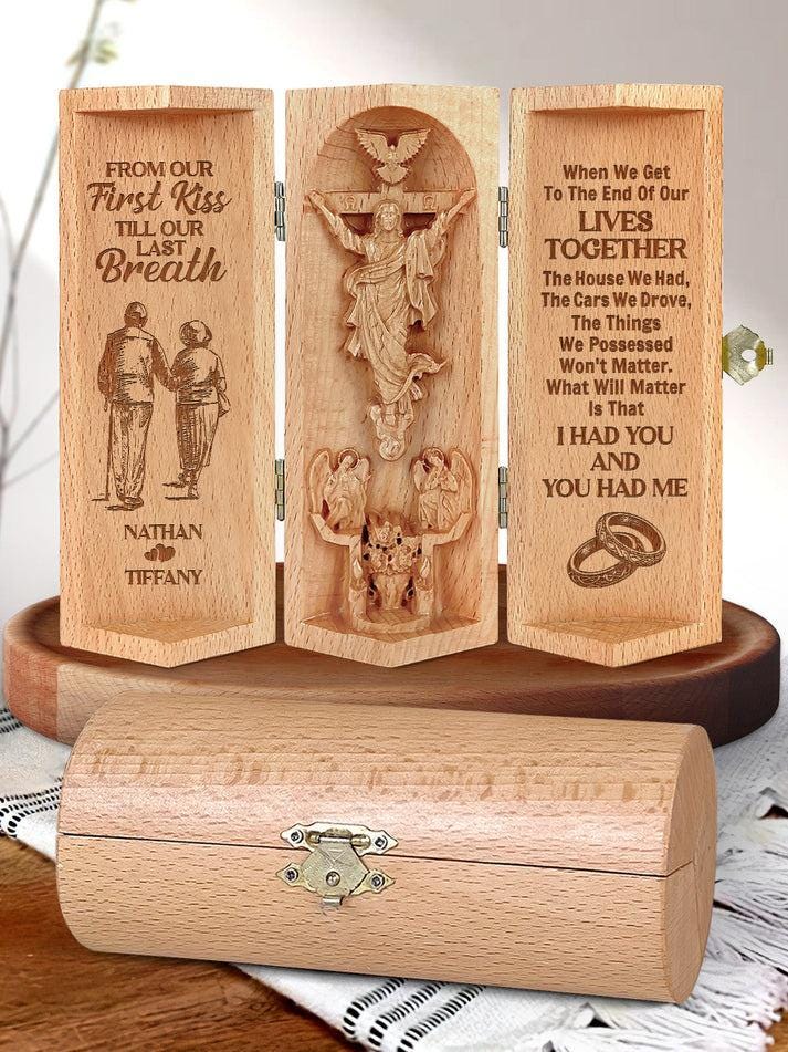 Personalized From Our First Kiss Till Our Last Breath Openable Wooden Cylinder Sculpture of Jesus Christ, Gift for Mother's Day Father's Day