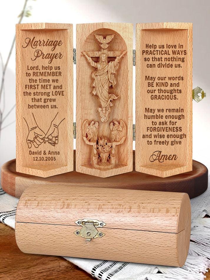 Marriage Prayer Personalized Engraved Openable Wooden Cylinder Sculpture of Jesus Christ Romantic Valentines Day, Anniversary, Wedding Gift