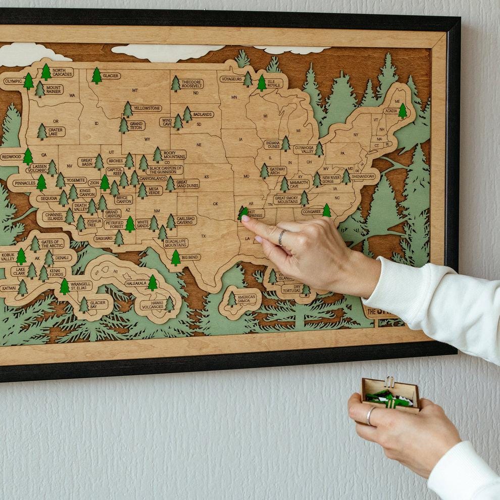 Personalized National Parks Wooden Travel Map with Pins
