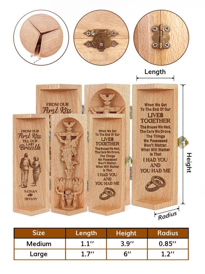 Personalized From Our First Kiss Till Our Last Breath Openable Wooden Cylinder Sculpture of Jesus Christ, Gift for Mother's Day Father's Day