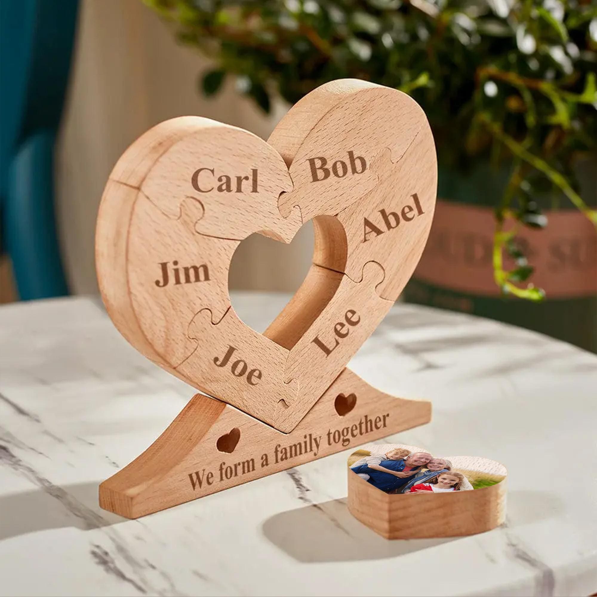 Personalized Engraved Wooden Name Heart Puzzle with Photo, Custom Family Name Heart Puzzle Home Decoration, Family Gift Idea
