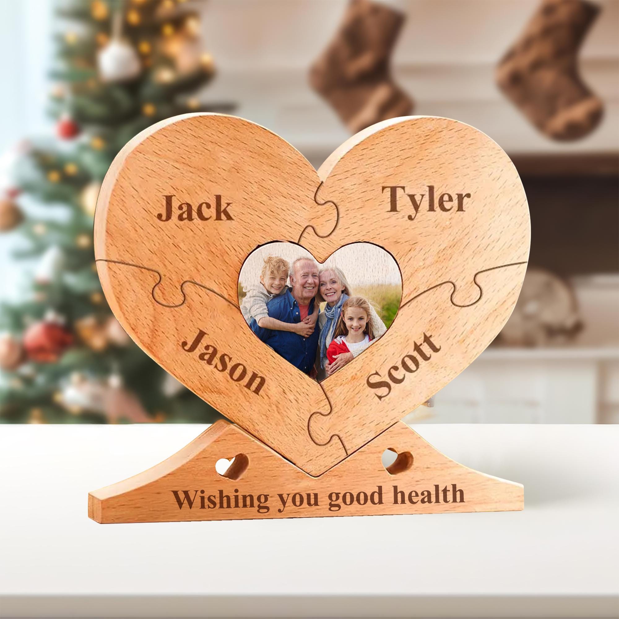 Personalized Engraved Wooden Name Heart Puzzle with Photo, Custom Family Name Heart Puzzle Home Decoration, Family Gift Idea