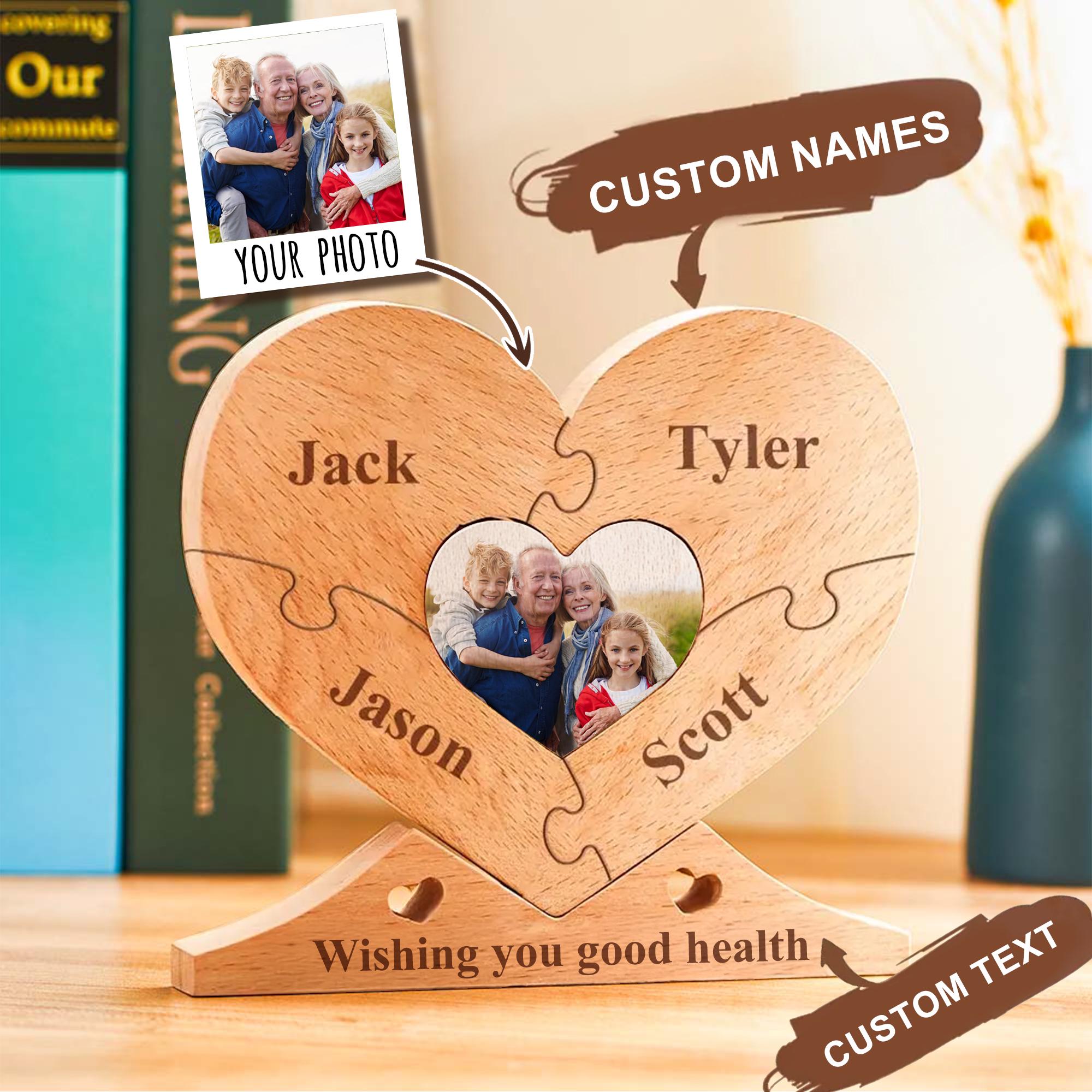 Personalized Engraved Wooden Name Heart Puzzle with Photo, Custom Family Name Heart Puzzle Home Decoration, Family Gift Idea