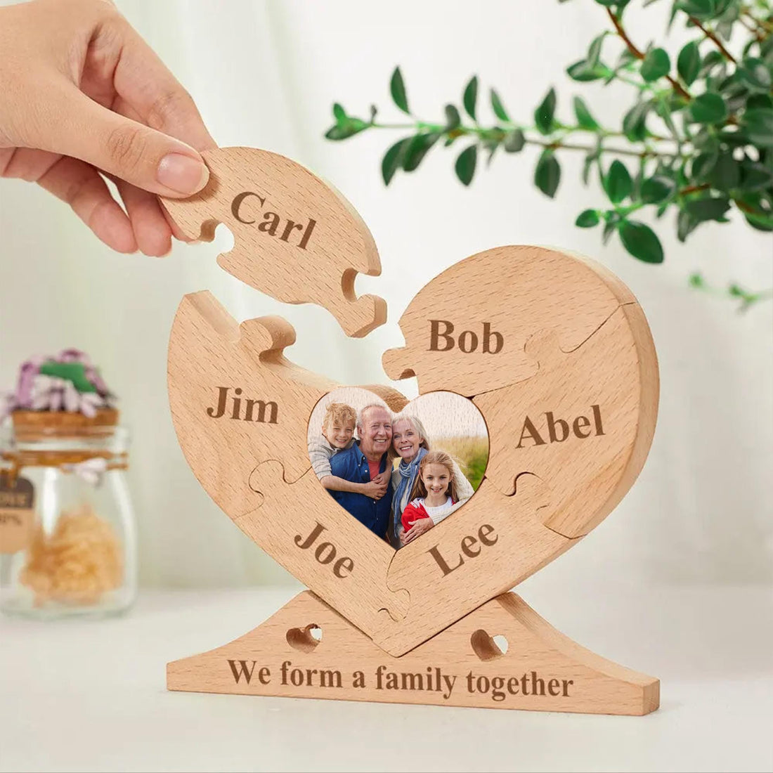 Personalized Engraved Wooden Name Heart Puzzle with Photo, Custom Family Name Heart Puzzle Home Decoration, Family Gift Idea