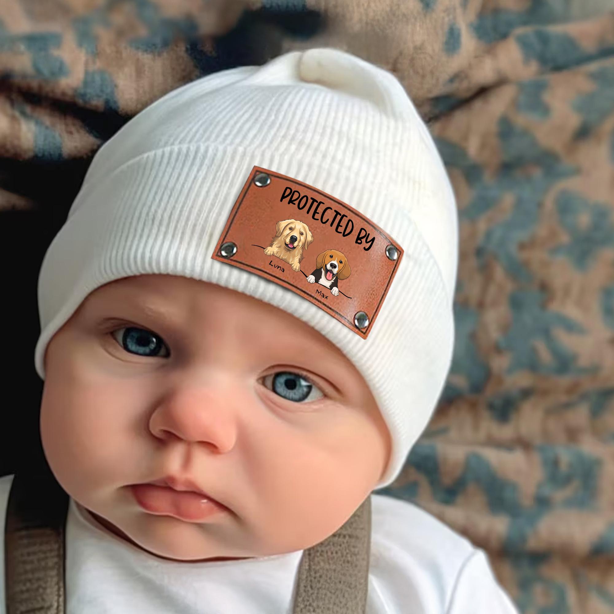 Personalized Baby Beanie with Vegan Leather Patch for Boy Girl, Custom Baby Puppy Beanies with Name Kids, Gift for Newborn, Toddler, Kid
