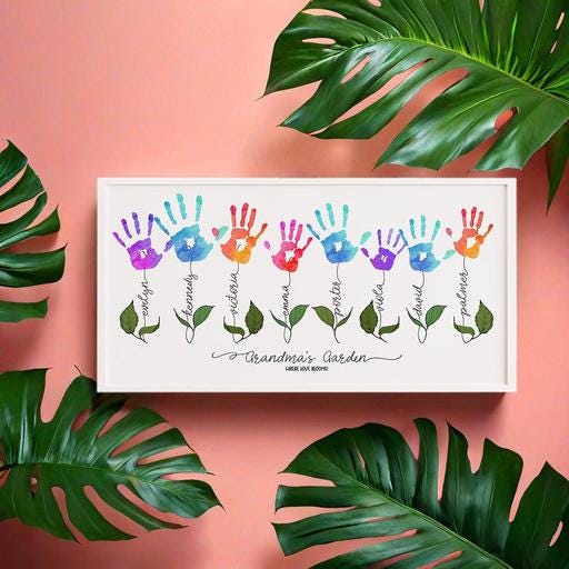Personalized Handprint Flower Sign - Handprint DIY gift for Mom - Grandma Gift from Grandkids - Family Name Wall Art - Mothers Day Keepsake