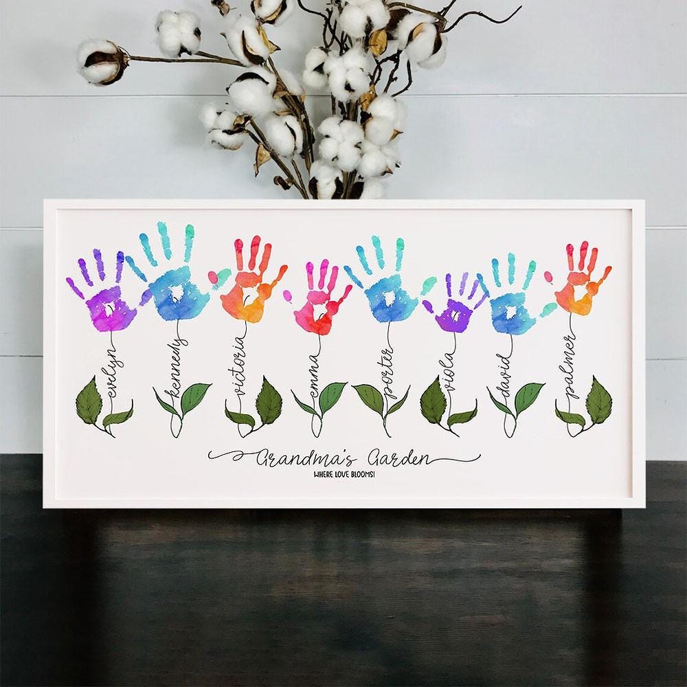 Personalized Handprint Flower Sign - Handprint DIY gift for Mom - Grandma Gift from Grandkids - Family Name Wall Art - Mothers Day Keepsake