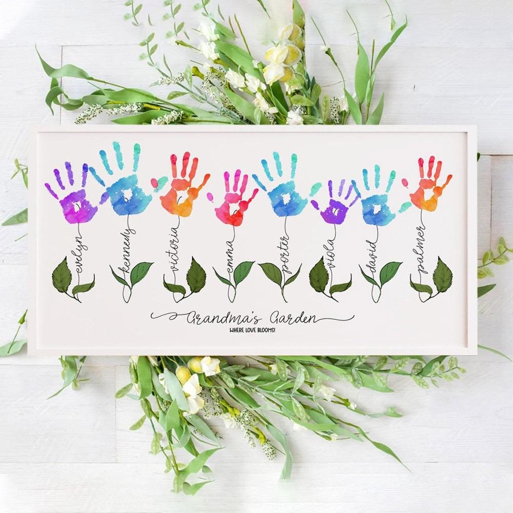 Personalized Handprint Flower Sign - Handprint DIY gift for Mom - Grandma Gift from Grandkids - Family Name Wall Art - Mothers Day Keepsake