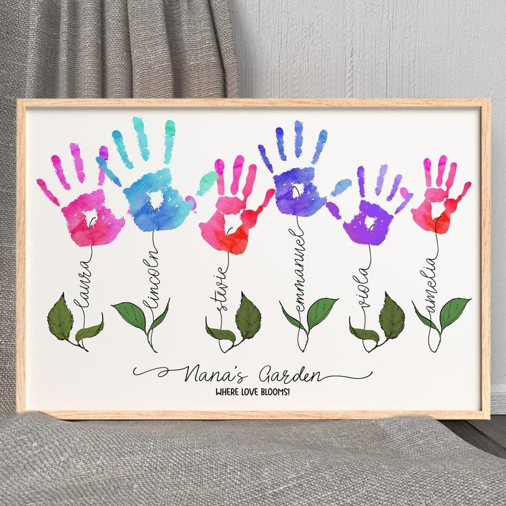 Personalized Handprint Flower Sign - Handprint DIY gift for Mom - Grandma Gift from Grandkids - Family Name Wall Art - Mothers Day Keepsake