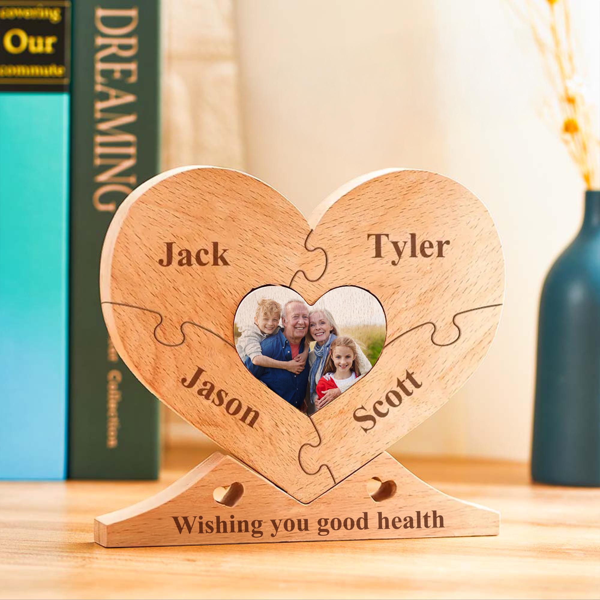 Personalized Engraved Wooden Name Heart Puzzle with Photo, Custom Family Name Heart Puzzle Home Decoration, Family Gift Idea