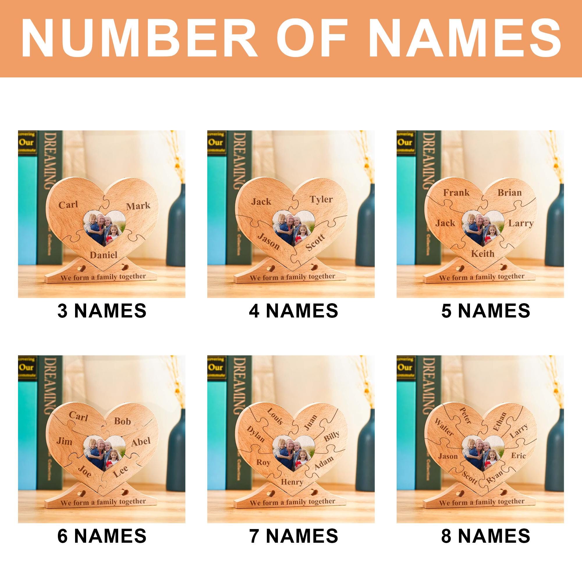 Personalized Engraved Wooden Name Heart Puzzle with Photo, Custom Family Name Heart Puzzle Home Decoration, Family Gift Idea
