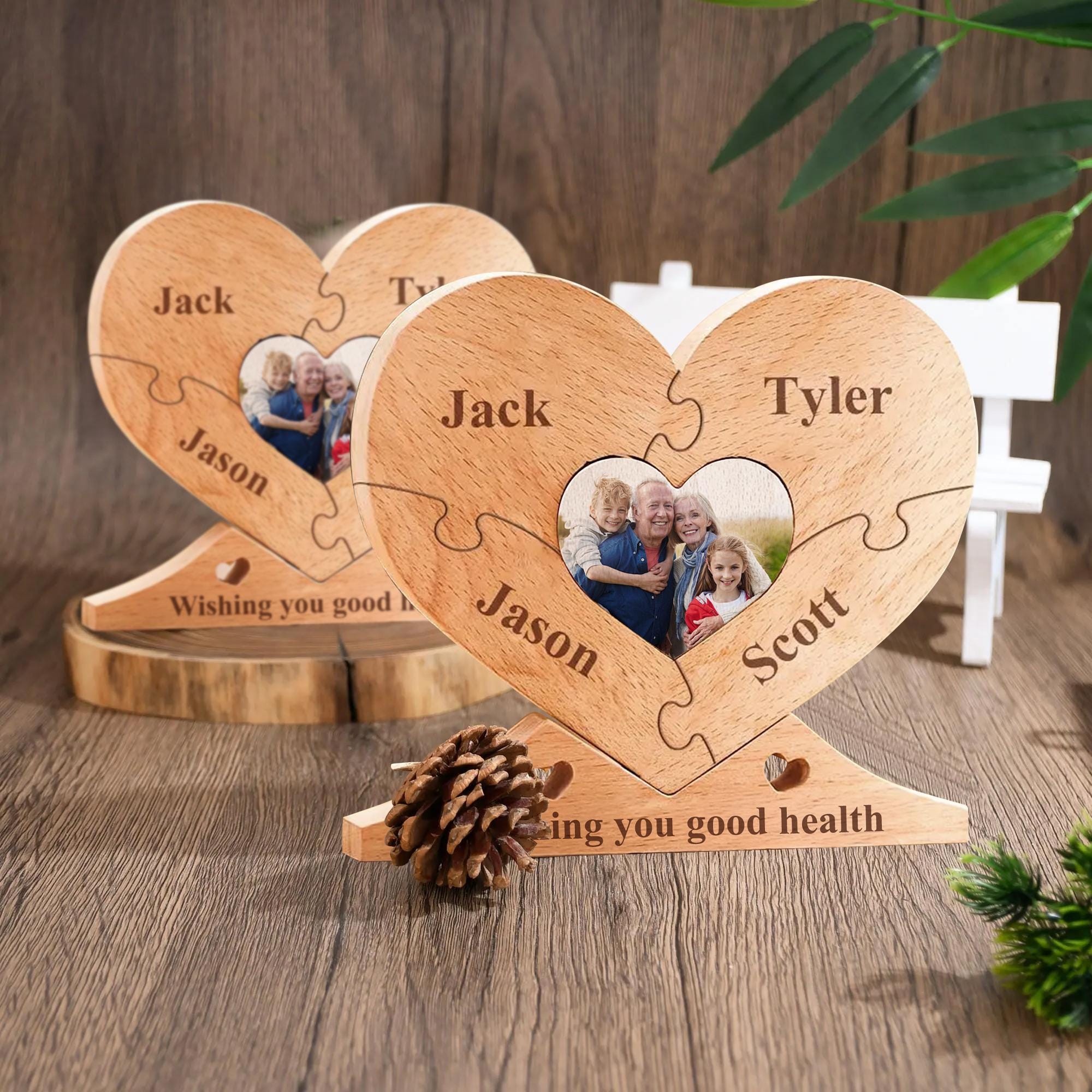 Personalized Engraved Wooden Name Heart Puzzle with Photo, Custom Family Name Heart Puzzle Home Decoration, Family Gift Idea