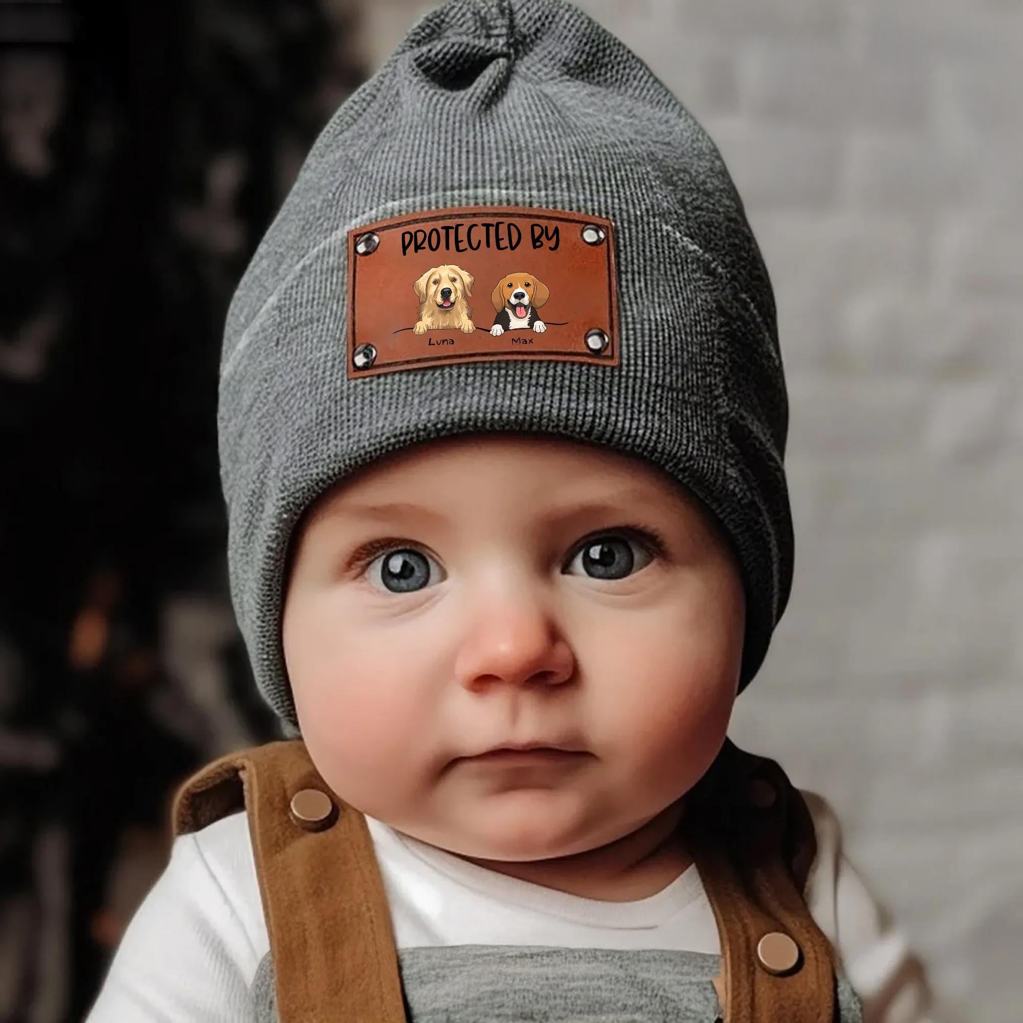 Personalized Baby Beanie with Vegan Leather Patch for Boy Girl, Custom Baby Puppy Beanies with Name Kids, Gift for Newborn, Toddler, Kid