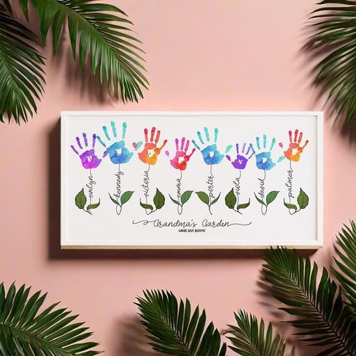 Personalized Handprint Flower Sign - Handprint DIY gift for Mom - Grandma Gift from Grandkids - Family Name Wall Art - Mothers Day Keepsake