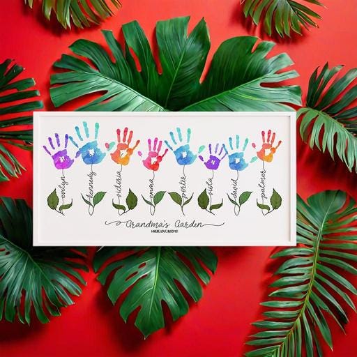 Personalized Handprint Flower Sign - Handprint DIY gift for Mom - Grandma Gift from Grandkids - Family Name Wall Art - Mothers Day Keepsake