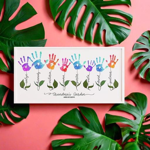 Personalized Handprint Flower Sign - Handprint DIY gift for Mom - Grandma Gift from Grandkids - Family Name Wall Art - Mothers Day Keepsake
