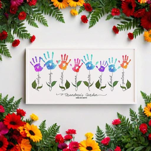 Personalized Handprint Flower Sign - Handprint DIY gift for Mom - Grandma Gift from Grandkids - Family Name Wall Art - Mothers Day Keepsake