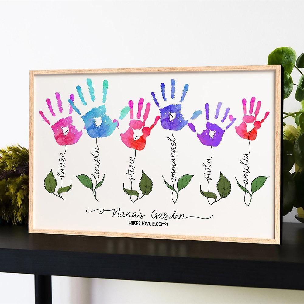 Personalized Handprint Flower Sign - Handprint DIY gift for Mom - Grandma Gift from Grandkids - Family Name Wall Art - Mothers Day Keepsake