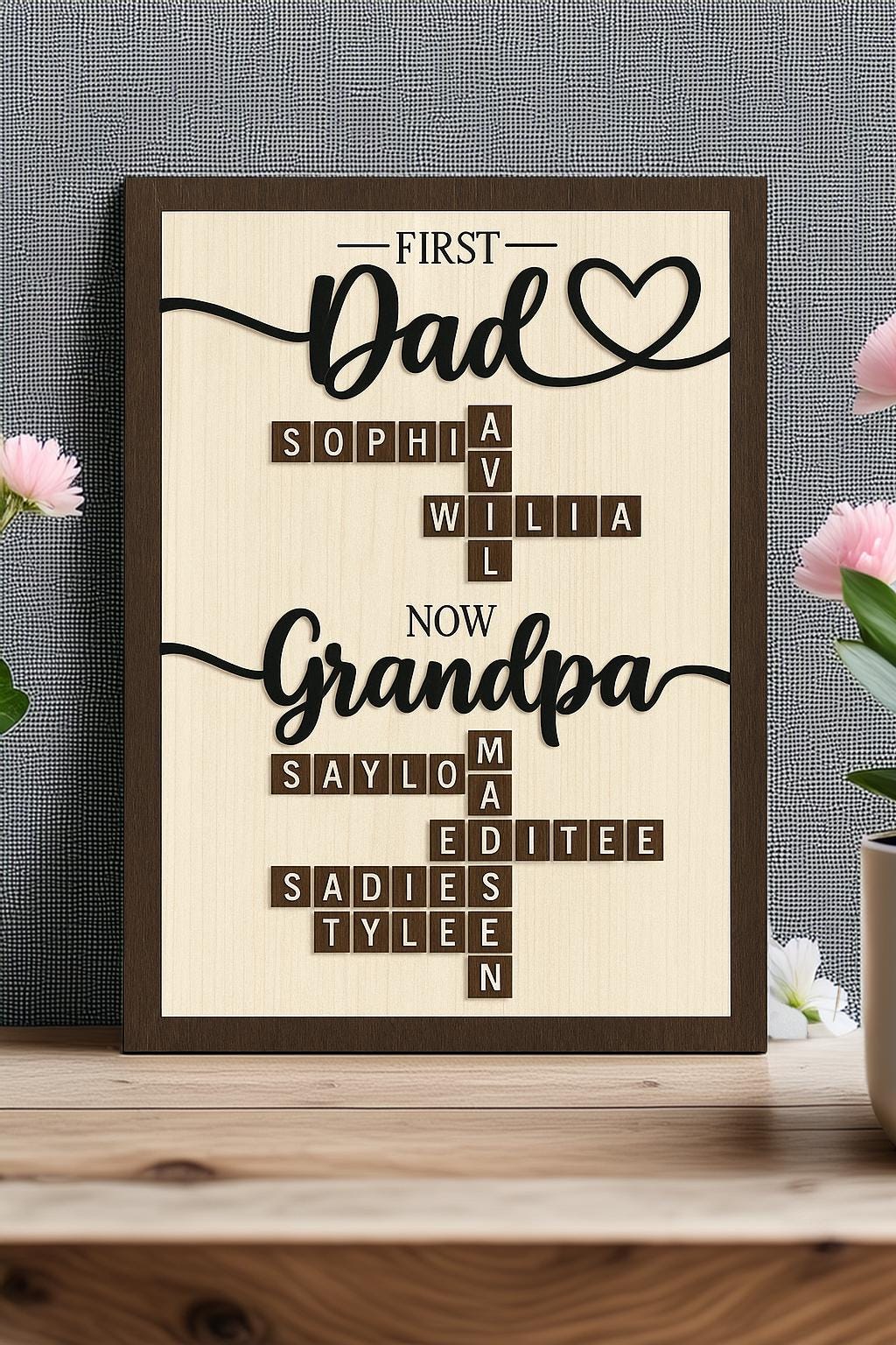 Personalized First Dad Now Grandpa Crossword Puzzle Sign | Custom Family Name Wooden Sign | Fathers Day Gifts From Kids
