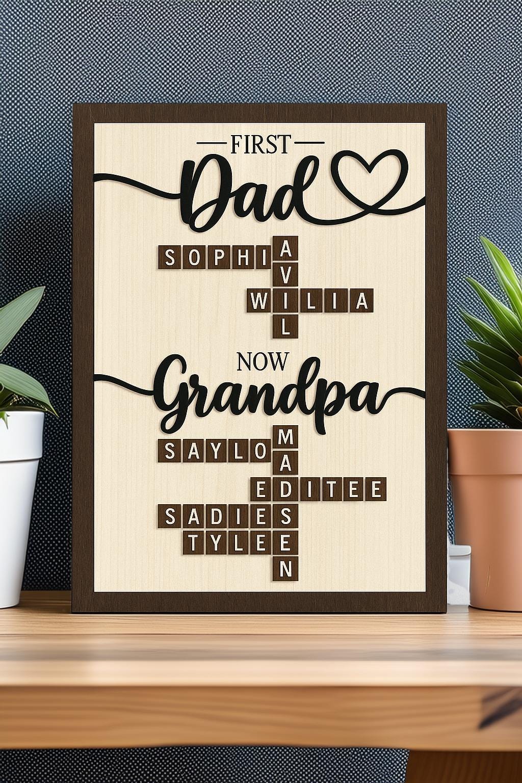 Personalized First Dad Now Grandpa Crossword Puzzle Sign | Custom Family Name Wooden Sign | Fathers Day Gifts From Kids