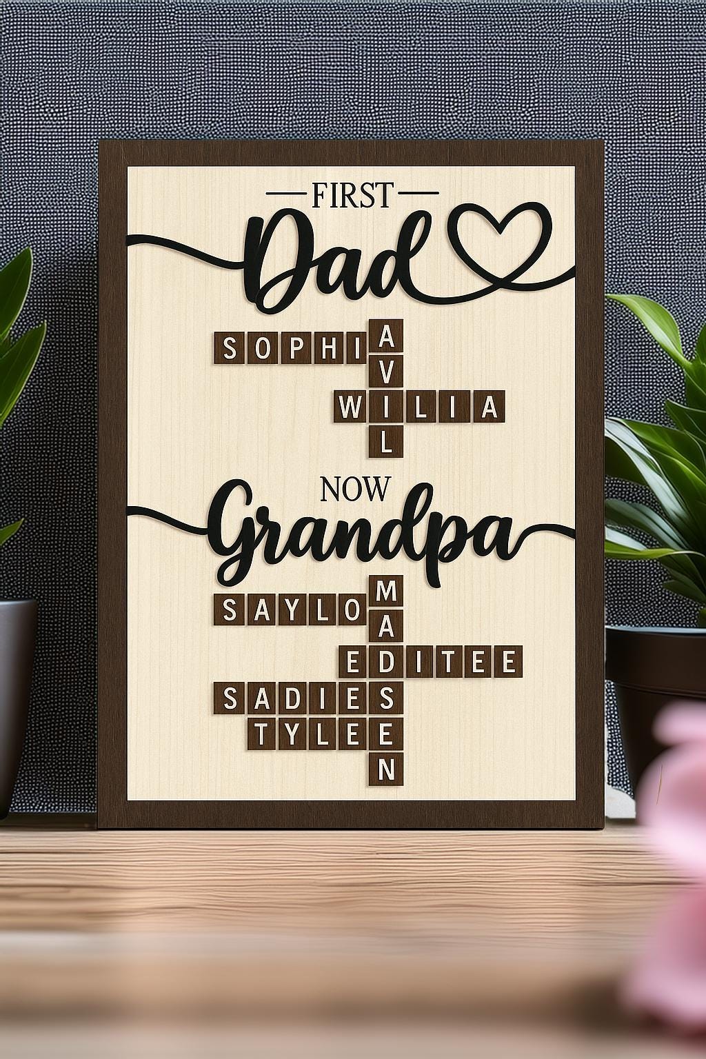 Personalized First Dad Now Grandpa Crossword Puzzle Sign | Custom Family Name Wooden Sign | Fathers Day Gifts From Kids