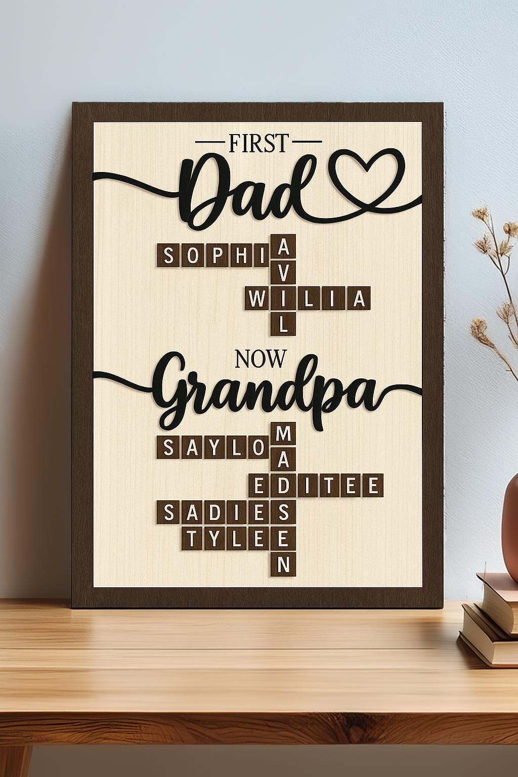 Personalized First Dad Now Grandpa Crossword Puzzle Sign | Custom Family Name Wooden Sign | Fathers Day Gifts From Kids